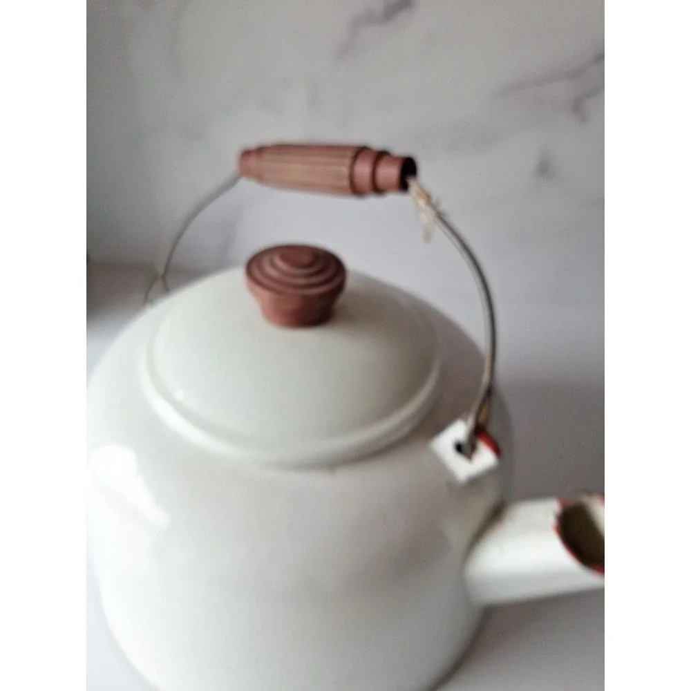 Vintage Antique 1960's Enamel Tea Pot White Red & Brown Trim Very Good Condition